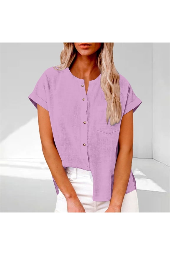 Women's Dressy Casual Tops Crew Neck Solid Color Button Down Business 2026 Blouses Short Sleeve Work Shirts