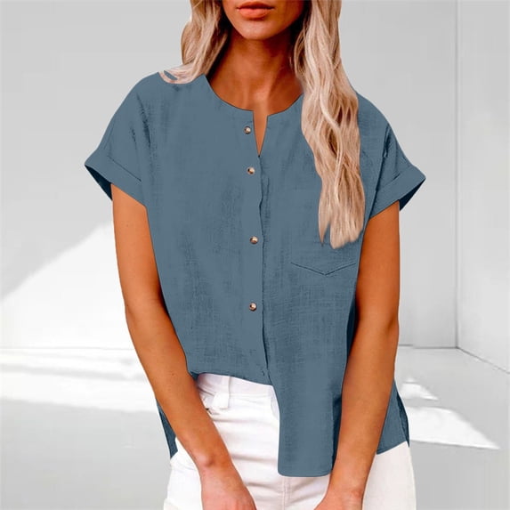 Women's Dressy Casual Tops Crew Neck Solid Color Button Down Business 2026 Blouses Short Sleeve Work Shirts