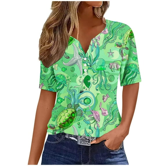 Women's Dressy Casual Tops for Lady Vintage Summer Clothes for Teen Girls Short Sleeve Loose Fit Flowy Tunic Tops V Neck Blouse Floal Printing Fashion 2024 Button up Green T Shirts L