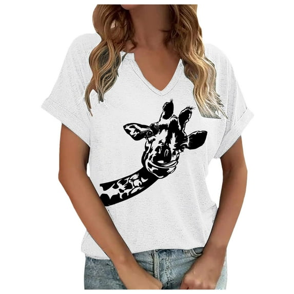 Women's Dressy Casual Tops Novelty Animal Graphic Print Short Sleeved V-Neck Pullover T-Shirts 2025 Summer Trendy Relaxed Fit Blouses