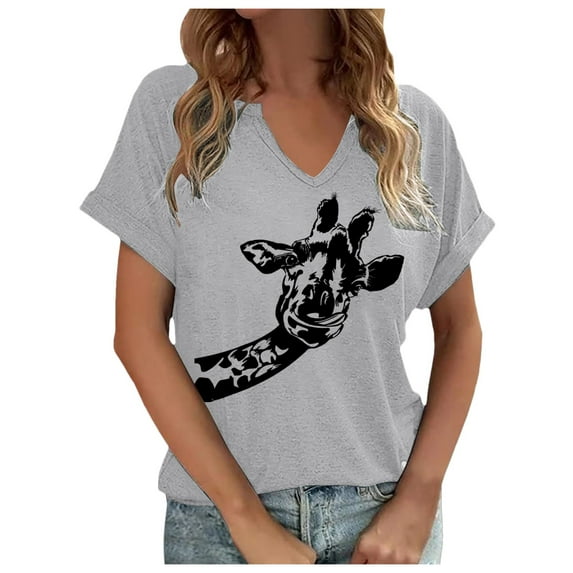 Women's Dressy Casual Tops Novelty Animal Graphic Print Short Sleeved V-Neck Pullover T-Shirts 2025 Summer Trendy Relaxed Fit Blouses