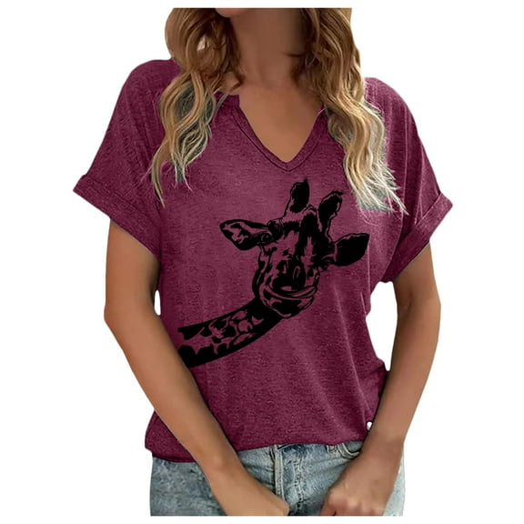 Women's Dressy Casual Tops Novelty Animal Graphic Print Short Sleeved V-Neck Pullover T-Shirts 2025 Summer Trendy Relaxed Fit Blouses