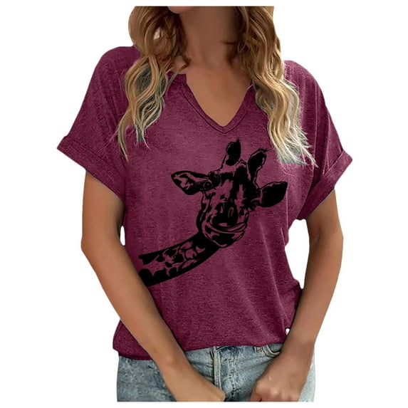 Women's Dressy Casual Tops Novelty Animal Graphic Print Short Sleeved V-Neck Pullover T-Shirts 2025 Summer Trendy Relaxed Fit Blouses