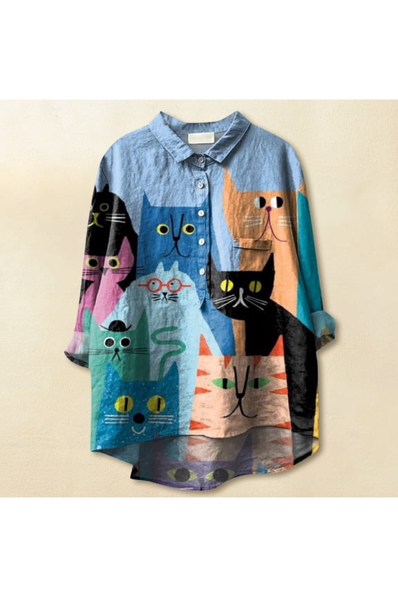Women's Dressy Casual Tops Spring Fashion Business Blouses Long Sleeve Collared Cute Cat Print Button Down Work Shirts