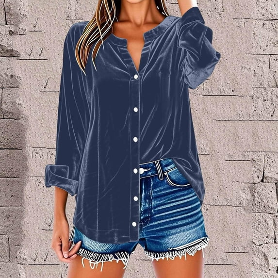 Women's Dressy Casual Tops Summer Spring Work Shirt 2026 V-Neck Long Sleeve Solid Color Button Down Business Blouses
