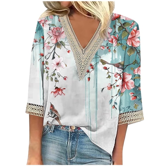 Women's Dressy Casual Tops Vintage Fashion 2024 Lace V Neck Blouse Tie Dye Floral Print 3/4 Sleeve Loose Fit Flowy Tunic Tops Spring Elegant Shirts Summer Clothes for Teen Girls Green T Shirts S