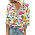 thumbnail image 1 of Women's Dressy Casual Tops Vintage Fashion Lace V Neck Blouse Summer Clothes for Teen Girls 3/4 Sleeve Loose Fit Flowy Tunic Tops Tie Dye Floral Print Spring Elegant Shirts Multicolor T Shirts XL, 1 of 5