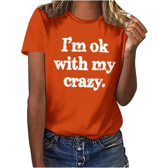 Women's Dressy Casual Tops Vintage Fashion Summer Clothes for Teen Girls Round Neck Blouse Comfy Casual Shirts Short Sleeve Loose Fit Flowy Tunic Tops Funny Letter Print Tees Orange T Shirts XXXL