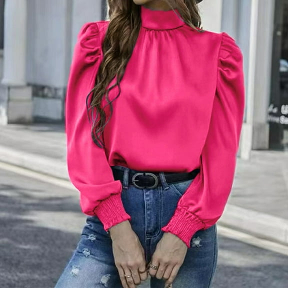 Women's Dressy Casual Tops Women's Elegant Half High Neck Bubble Long Sleeve Pleated Fitted Blouse Top