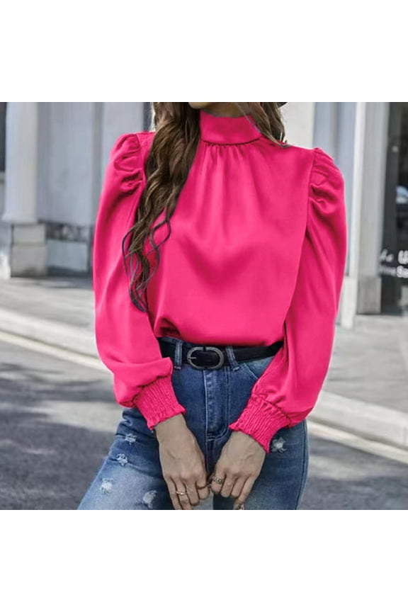Women's Dressy Casual Tops Women's Elegant Half High Neck Bubble Long Sleeve Pleated Fitted Blouse Top