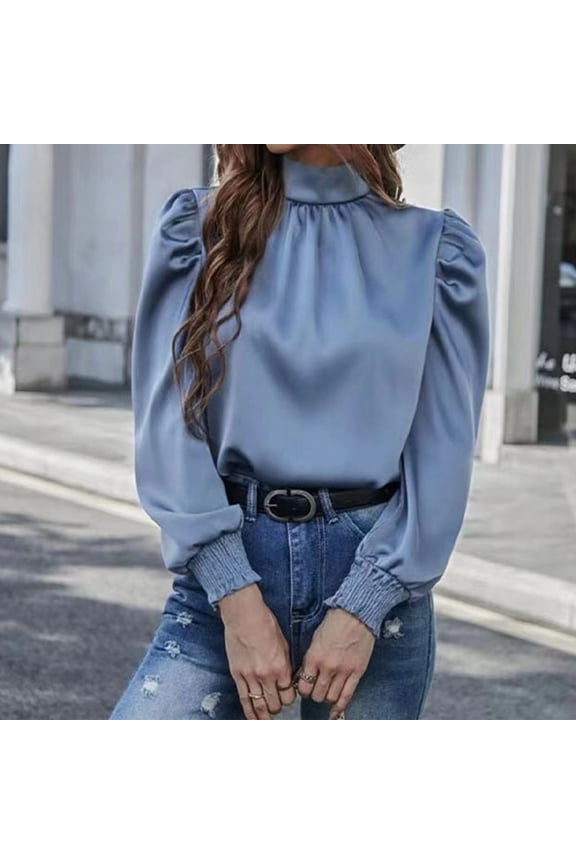 Women's Dressy Casual Tops Women's Elegant Half High Neck Bubble Long Sleeve Pleated Fitted Blouse Top