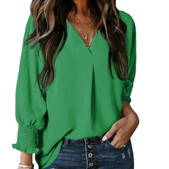 Women's Dressy Casual V Neck Batwing Sleeve Blouse - Loose Fit Smocked Cuff Fall Tops