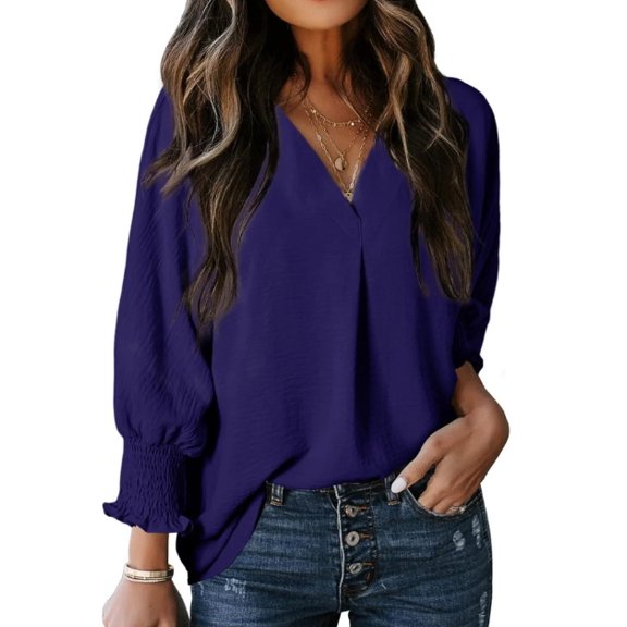 Women's Dressy Casual V Neck Batwing Sleeve Blouse - Loose Fit Smocked Cuff Fall Tops