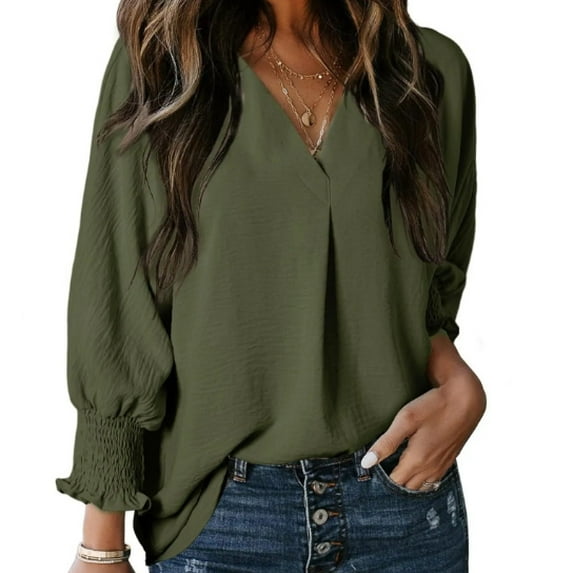 Women's Dressy Casual V Neck Batwing Sleeve Blouse - Loose Fit Smocked Cuff Fall Tops