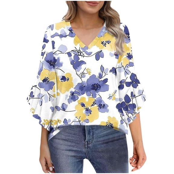 Women's Dressy Chiffon Blouse: Boho Floral Print 3/4 Petal Sleeve V-Neck Top - Business Casual Ruffled Office Shirt Spring Fall Workwear