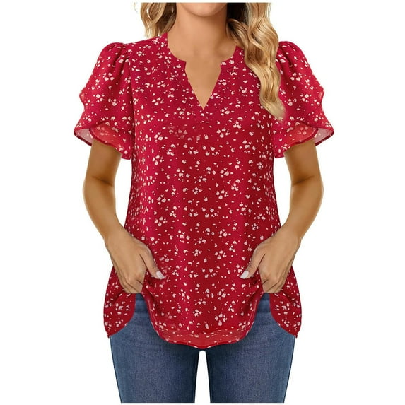 Women's Dressy Chiffon Blouses Summer Lightweight Comfortable Shirts Fashion Print Puff Petal Short Sleeve T-Shirts V Neck Casual Work Pullover Tops