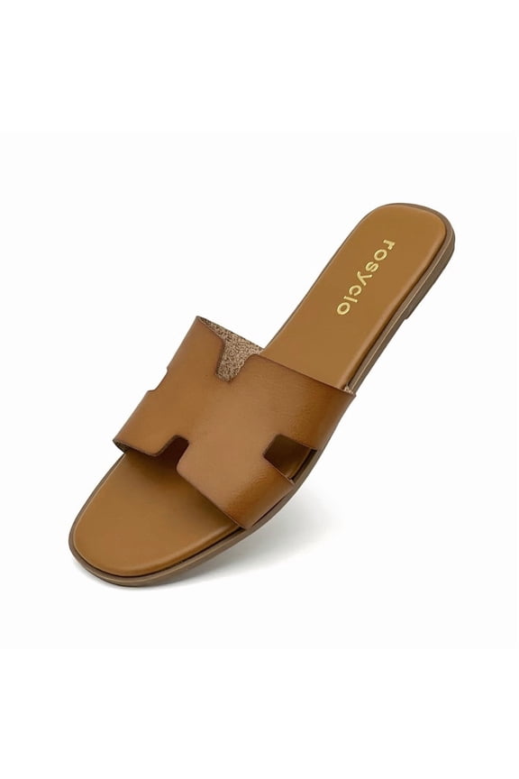 Women's Dressy Flat Sandals Comfortable Slip On Leather Non Slip Slide Classic Stylish Summer Beach Vacations Brown