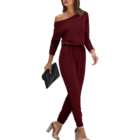 Women's Dressy Jumpsuits Women'S Fall/Winter Solid Color Long Sleeve One Neck Jumpsuit With Drawstring At The Waist For Effect Suit Set Jumpsuit Womens Pants Casual Dress Pants Women