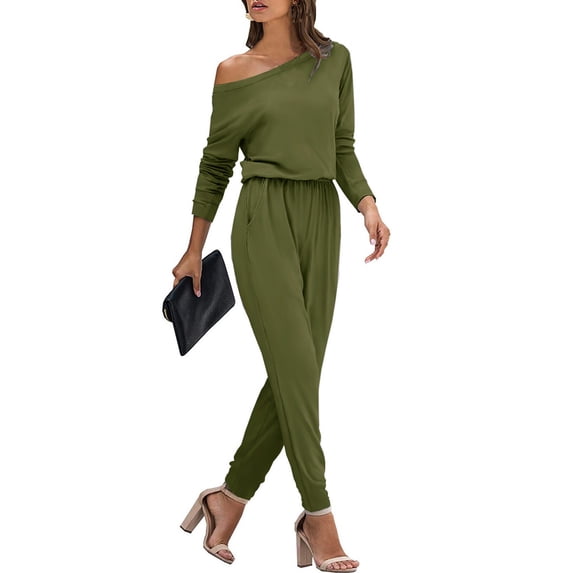 Women's Dressy Jumpsuits Women'S Fall/Winter Solid Color Long Sleeve One Neck Jumpsuit With Drawstring At The Waist For Effect Suit Set Jumpsuit Womens Pants Casual Dress Pants Women