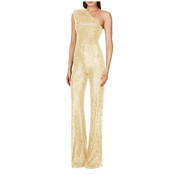 Women's Dressy Jumpsuits Women'S Solid Color High-Waisted Strapless One-Shoulder Off-The-Shoulder Sequin Casual Long Jumpsuit,Jumpsuit Womens Pants Casual Dress Pants Women