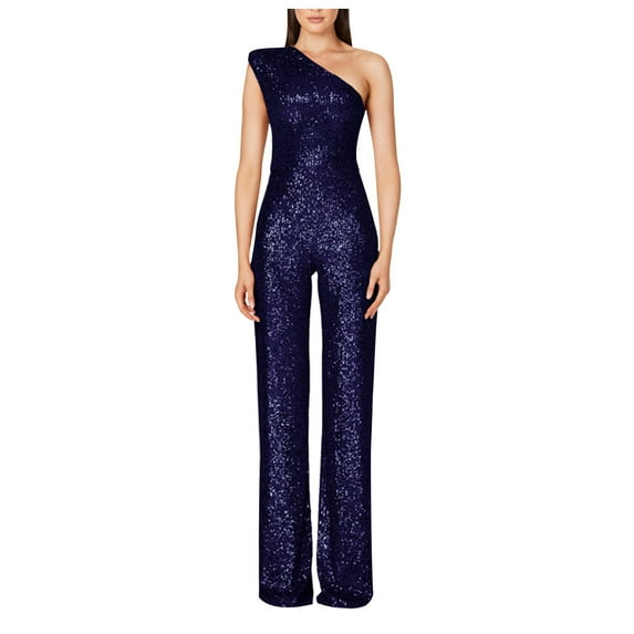 Women's Dressy Jumpsuits Women'S Solid Color High-Waisted Strapless One-Shoulder Off-The-Shoulder Sequin Casual Long Jumpsuit,Jumpsuit Womens Pants Casual Dress Pants Women