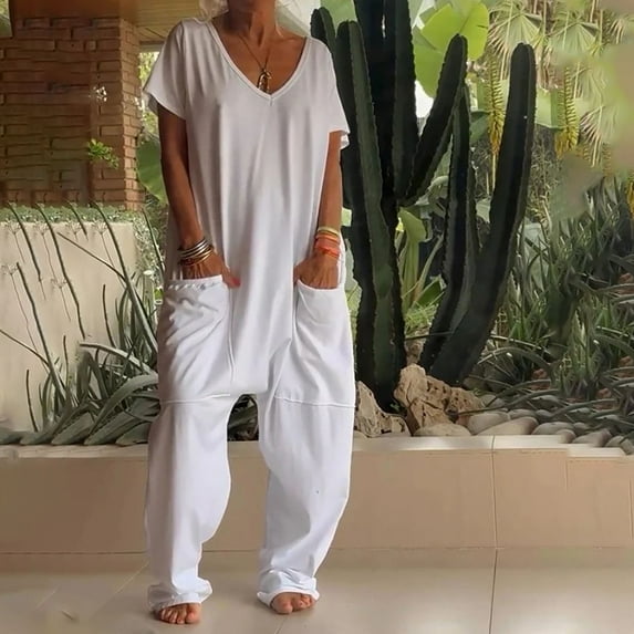 Women's Dressy Jumpsuits Women's Summer Solid Color-neck Short-sleeved Oversized Pocket Straight Pants Daily Casual Loose Low-grade Jumpsuit Pants Jumpsuit Womens Pants Casual Dress Pants Women