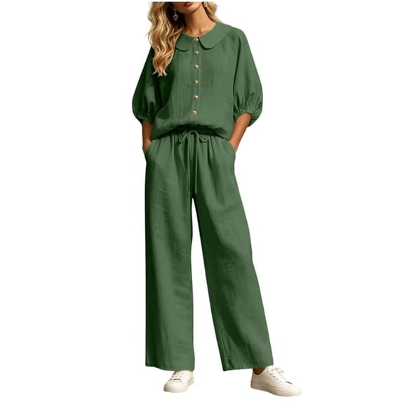 Women's Dressy Linen 2 Piece Outfits Cute Collared Button Down Shirt Wide Leg Pants Summer Business Casual Sets