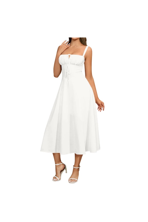 Women's Dressy Midi Dresses Solid Side Split Corset Dress Flowy Graduation Dress Lace Up A-line Sundress for Cocktail