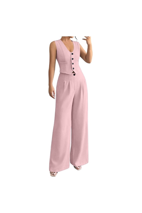Women's Dressy Outfits Set V Neck Blazer Vest and High Waist Wide Leg Pants Elegant Business Office 2 PC Sets Pink S