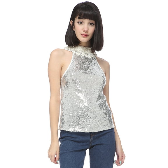 Women's Dressy Party Sequin Embellished Faux White Pearl Lace Collar Halter Top