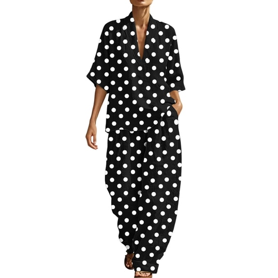 Women's Dressy Polka Dots 2 Piece Outfits - V Neck Shawl Collar Blouses & Wide Leg Pants Lounge Sets with Pockets