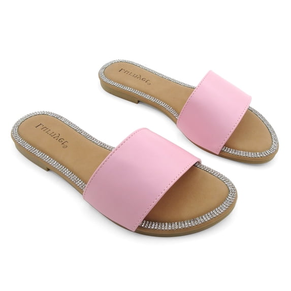 GJPBGK Women’s Slide Sandals Open Toe Flat Slip-On Casual Summer Shoes with Rhinestone Trim Comfortable Walking Slippers
