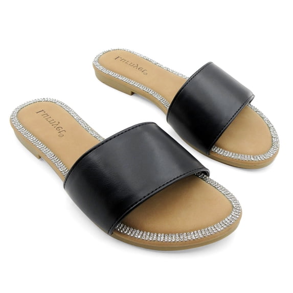 GJPBGK Women’s Slide Sandals Open Toe Flat Slip-On Casual Summer Shoes with Rhinestone Trim Comfortable Walking Slippers