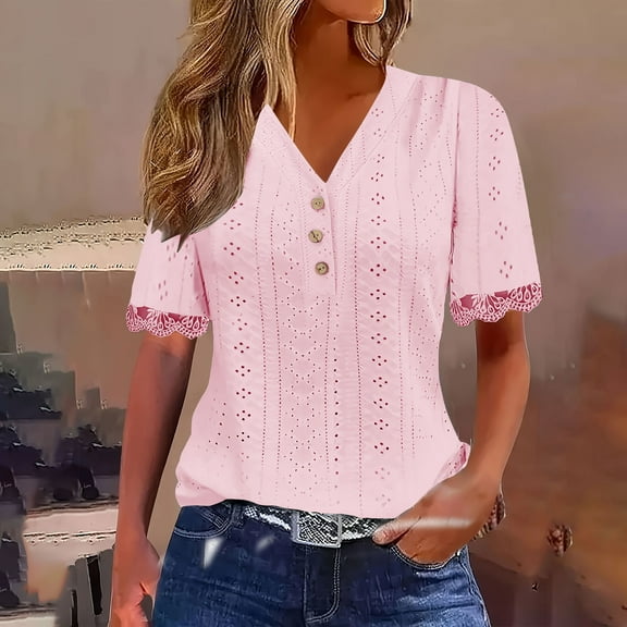 Women's Dressy Tops Eyelet Lace Trim V Neck Short Sleeve Plain Tshirts Casual Cute Summer Blouses (S, Pink 01)