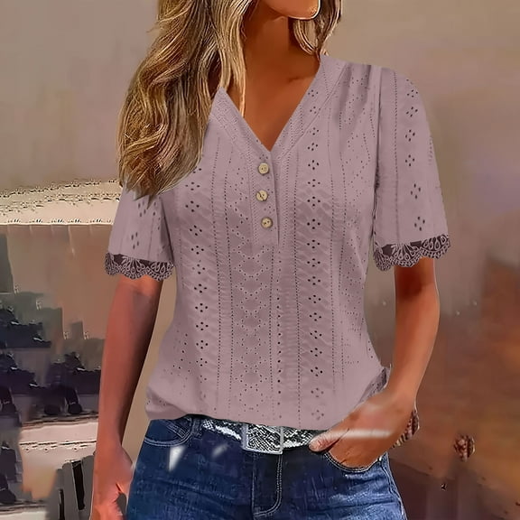 Women's Dressy Tops Eyelet Lace Trim V Neck Short Sleeve Plain Tshirts Casual Cute Summer Blouses (XL, Purple 01)