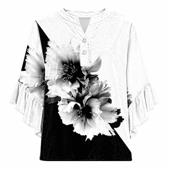 Women's Dressy Tops Ruffled 3/4 Sleeve Velvet Shirts Loose Soft V Neck Party Casual Blouses with Buttons (L, White|Flower)