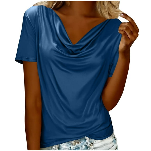 Women's Dressy Tops Short Sleeve Cowl Neck Elegant Blouses Solid Color Summer Casual T-shirts Loose Fit (XL, Blue)
