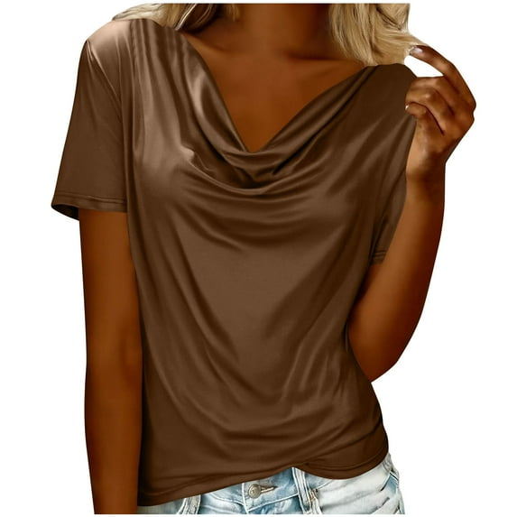Women's Dressy Tops Short Sleeve Cowl Neck Elegant Blouses Solid Color Summer Casual T-shirts Loose Fit (XL, Coffee)