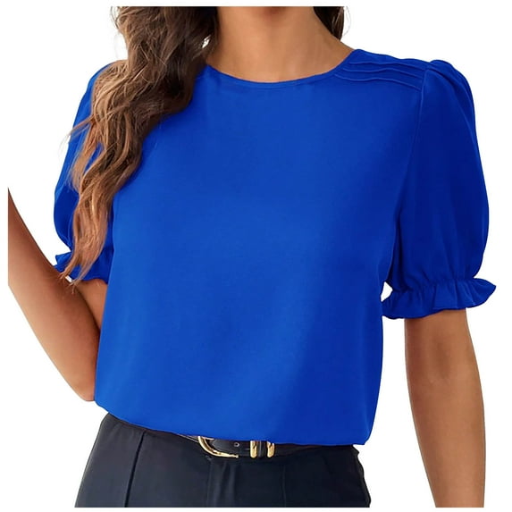 Women's Dressy Tops Short Sleeve Crew Neck Shrug Puff Sleeve Casual T Shirt Solid Color Work Office Blouses Blue,2XL