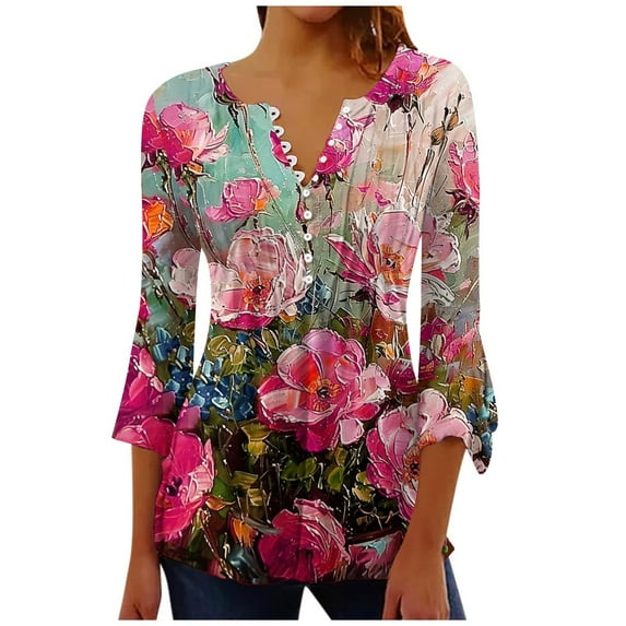 Women's Dressy Tops Vintage 3/4 Flare Sleeve Pleated Flowy Shirts Flouncy Blouse to Hide the Belly Summer Clothes Gradient Floral Print 1/4 Button up Blouse Henley Neck Tunic Multicolor T Shirts S