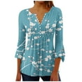 thumbnail image 1 of Women's Dressy Tops Vintage Summer Clothes for Teen Girls Fashion 2024 Boho Flora Print 3/4 Flare Sleeve Flowy Pleated Shirts Henley Neck Tunic 1/4 Button up Blouse Blue T Shirts XXL, 1 of 5