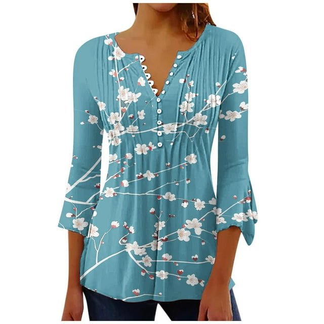 Women's Dressy Tops Vintage Summer Clothes for Teen Girls Fashion 2024 Boho Flora Print 3/4 Flare Sleeve Flowy Pleated Shirts Henley Neck Tunic 1/4 Button up Blouse Blue T Shirts XXL