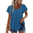 thumbnail image 1 of Women's Dressy Tops with Pleats Crew Neck Flutter Short Sleeves Summer Casual T-shirts Flowy Tees Blouses (2XL, Blue), 1 of 7