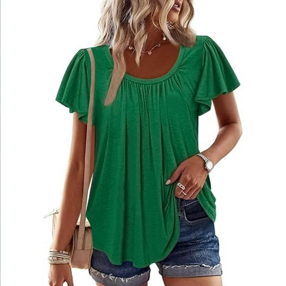 Women's Dressy Tops with Pleats Crew Neck Flutter Short Sleeves Summer Casual T-shirts Flowy Tees Blouses (M, Green)