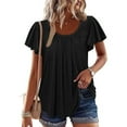 thumbnail image 1 of Women's Dressy Tops with Pleats Crew Neck Flutter Short Sleeves Summer Casual T-shirts Flowy Tees Blouses (S, Black), 1 of 7
