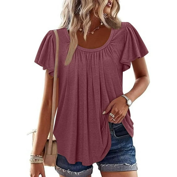 Women's Dressy Tops with Pleats Crew Neck Flutter Short Sleeves Summer Casual T-shirts Flowy Tees Blouses (S, Red)