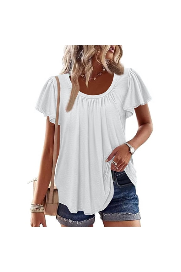 Women's Dressy Tops with Pleats Crew Neck Flutter Short Sleeves Summer Casual T-shirts Flowy Tees Blouses (XL, White)