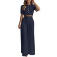 thumbnail image 1 of Women's Dressy Wide Leg 2 Piece Outfits, Puff Sleeve Elegant Crop Blouse Summer Business Vacation Matching Sets, 1 of 7
