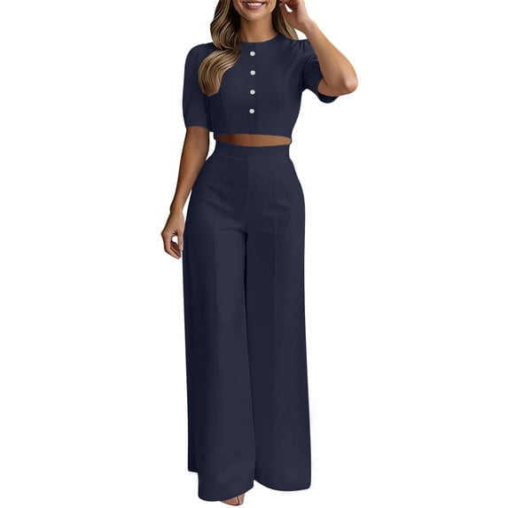 Women's Dressy Wide Leg 2 Piece Outfits, Puff Sleeve Elegant Crop Blouse Summer Business Vacation Matching Sets