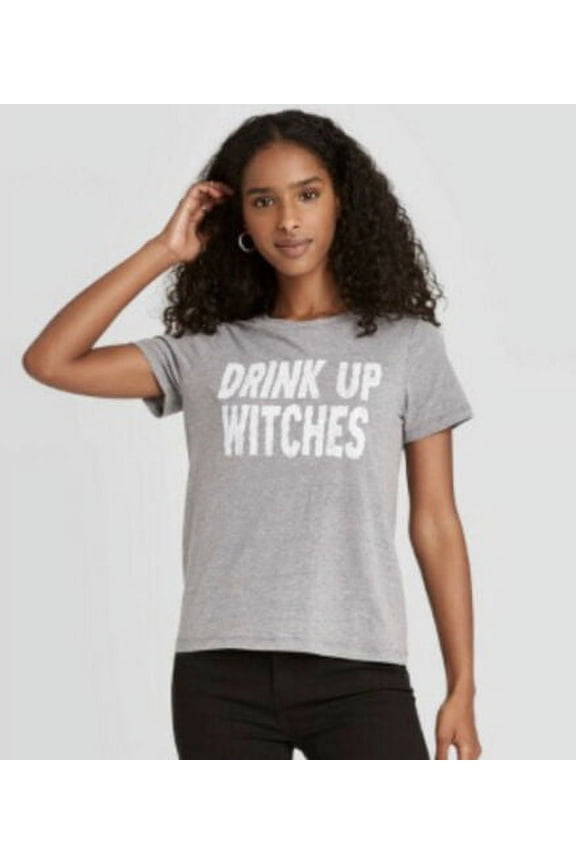 Women's Drink Up Witches Halloween Short Sleeve Graphic T-Shirt - (Gray, Small)